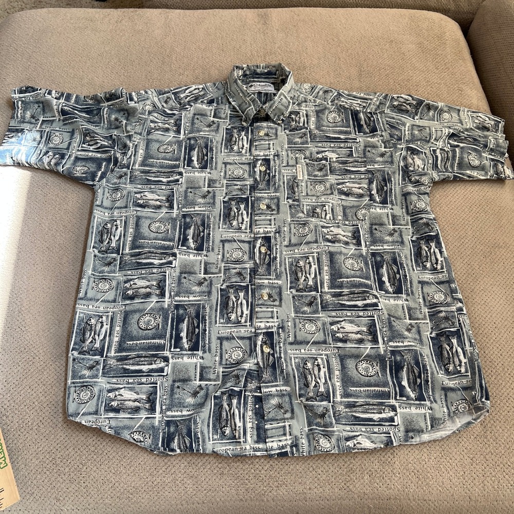 Vintage 1990s Columbia Sportswear Fishing‎ Shirt Blue Grey XL All Over Print